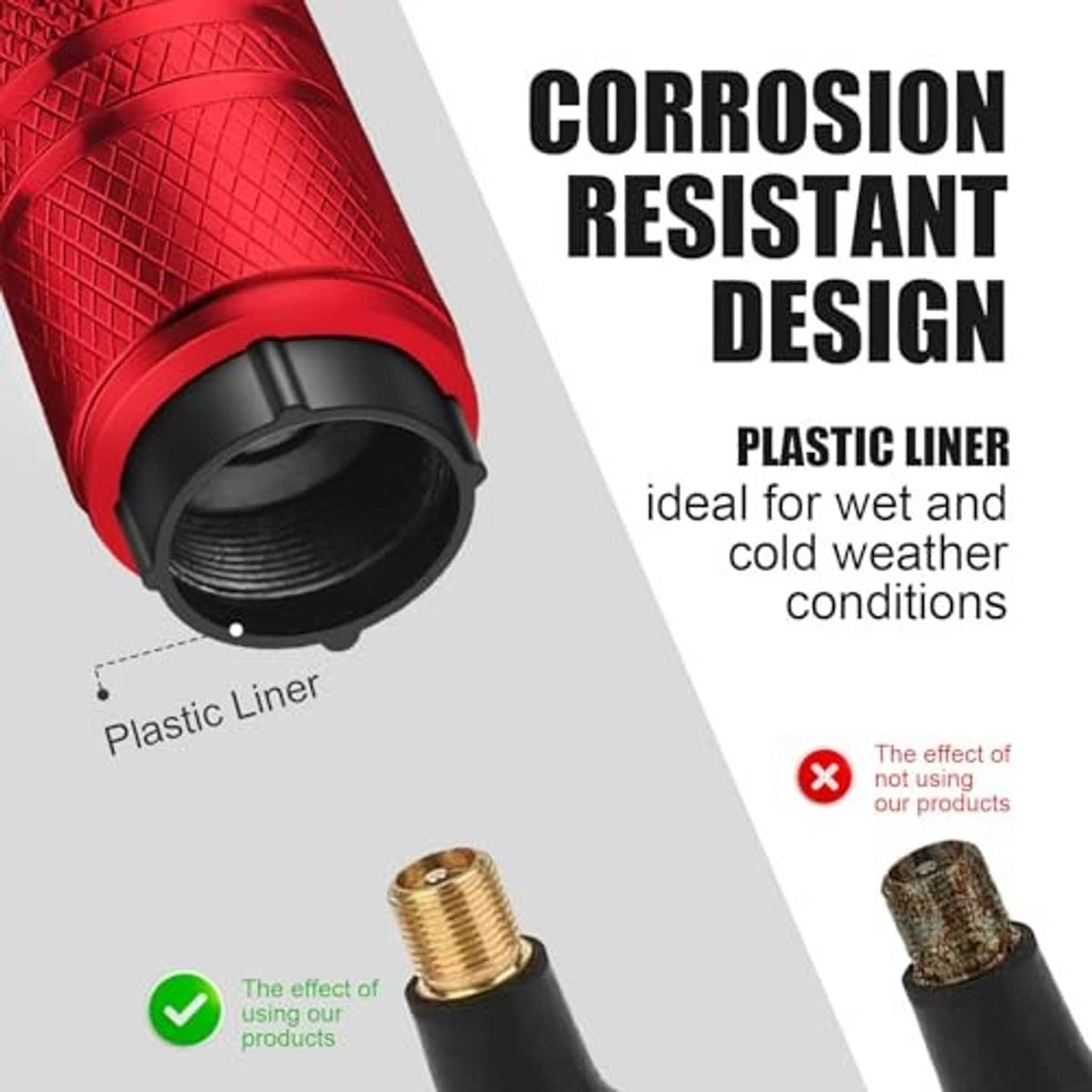 Red valve stem cap with American flag top, black liner, threaded interior