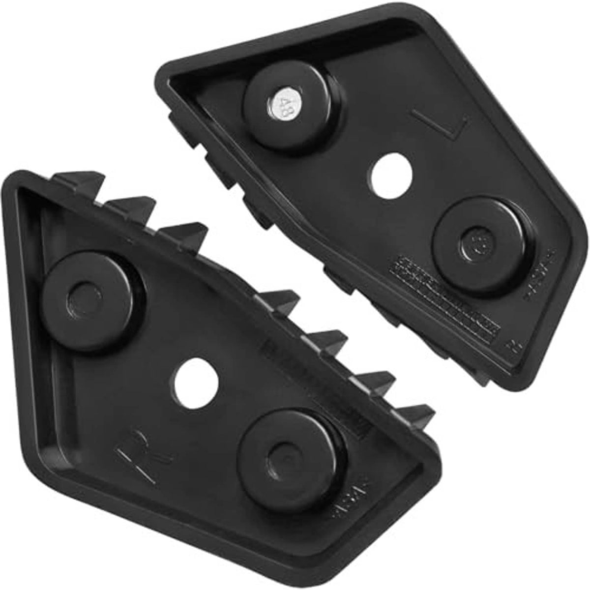 Pair of black bumper support brackets with circular caps and oval mounting holes