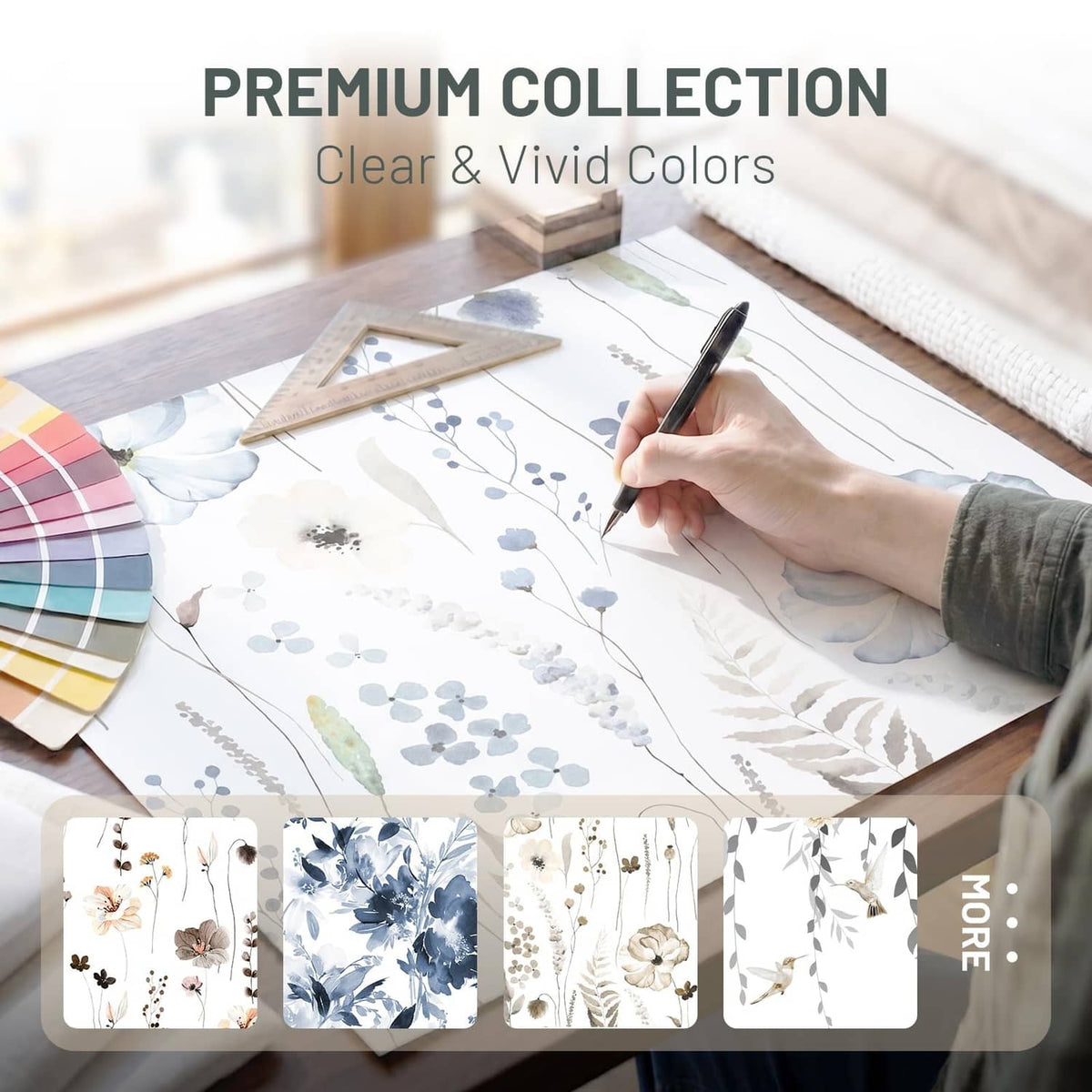 Printed shower curtain fabric with blue floral motifs and leaf accents, flatlay
