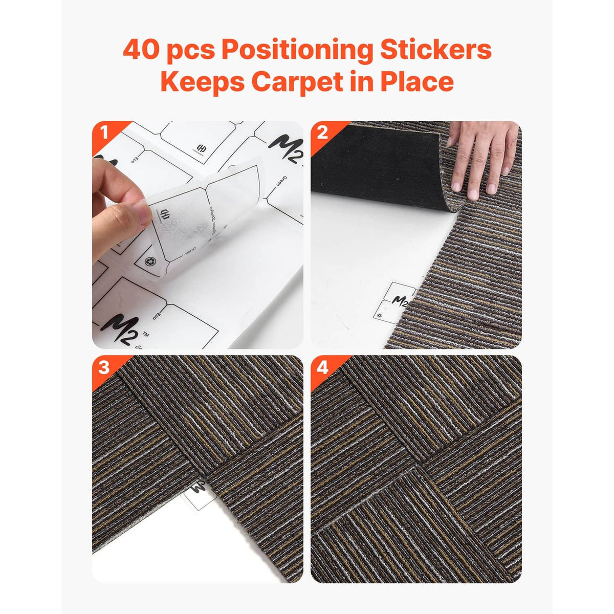 Carpet tile corner showing adhesive tabs for positioning, gray and brown stripes