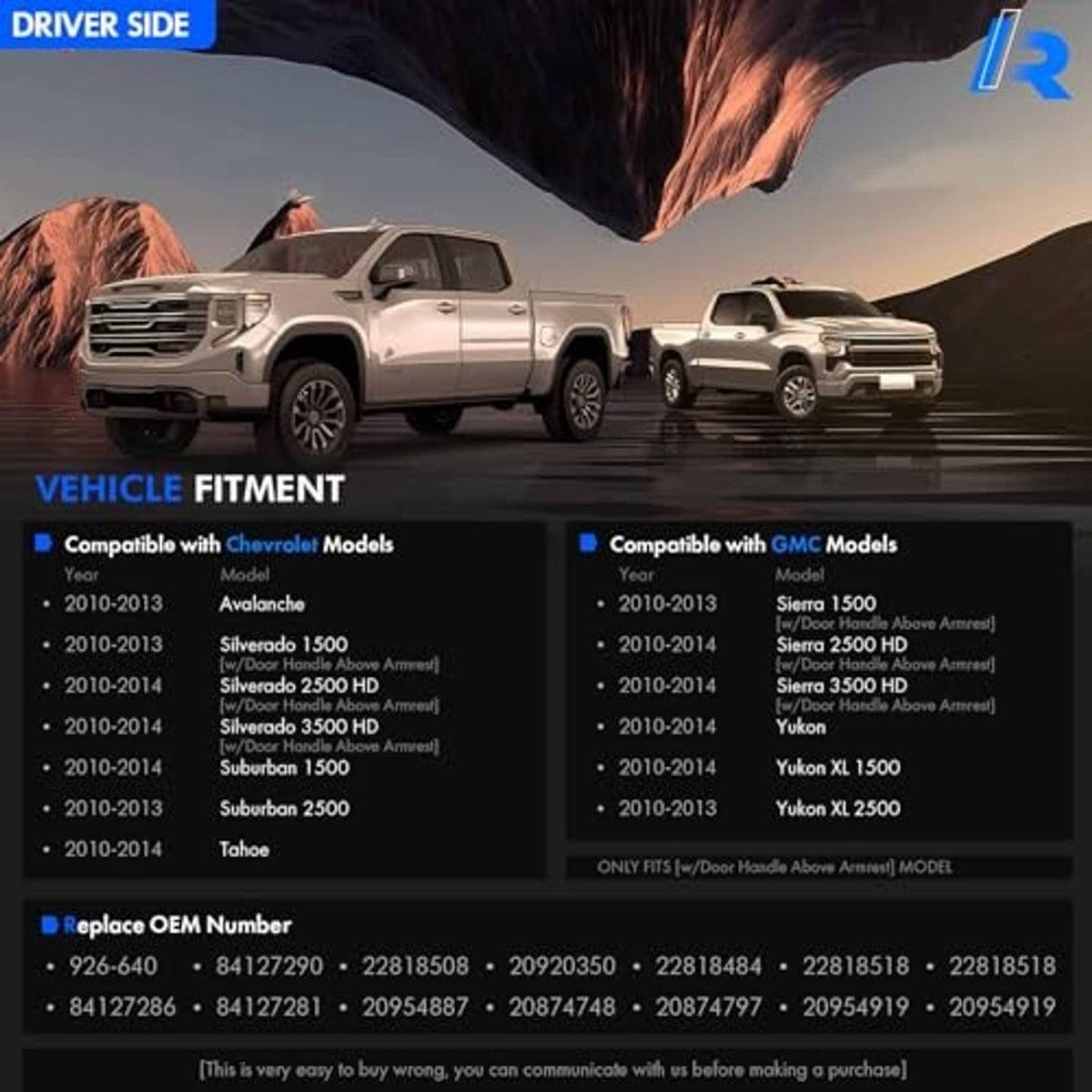 Driver-side armrest repair kit compatibility fitment chart