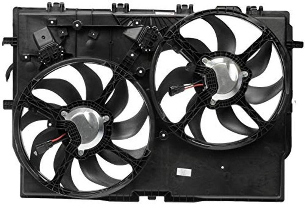 Engine cooling fan assembly with twin black radiator fans and circular motor hubs
