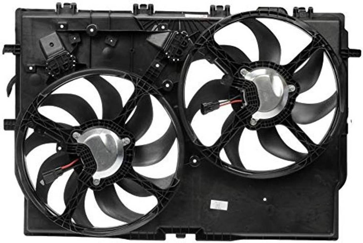 Engine cooling fan assembly with twin black radiator fans and circular motor hubs