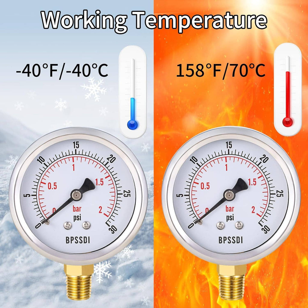 Low pressure gauge with bar and psi dial, brass thread fitting, for gas or liquid