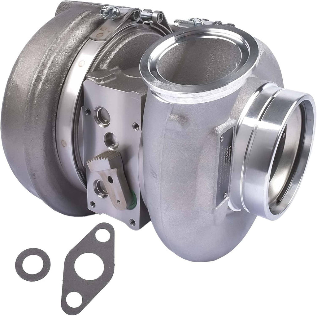 Turbocharger with compressor housing and turbine side, plus two metal mounting gaskets