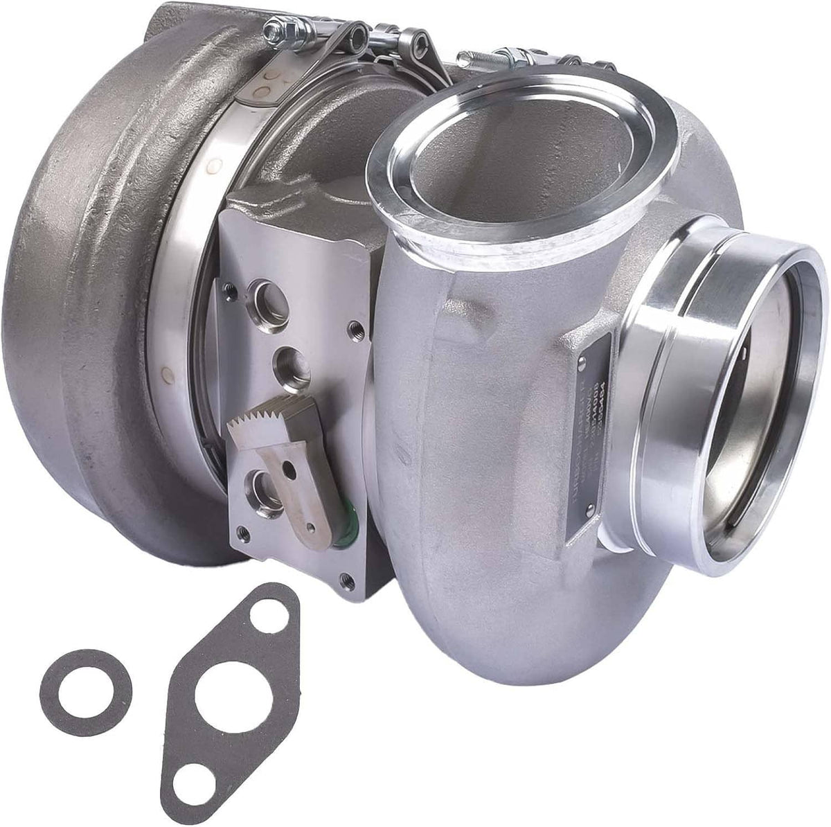 Turbocharger with compressor housing and turbine side, plus two metal mounting gaskets