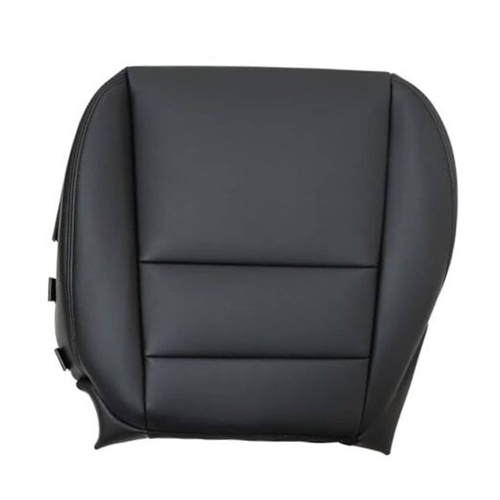 Black leather front seat bottom cover with stitched panel sections and side attachment tabs.