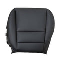Black leather front seat bottom cover with stitched panel sections and side attachment tabs.