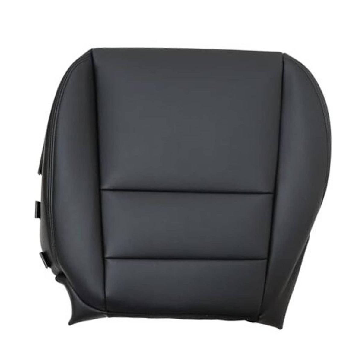 Black leather front seat bottom cover with stitched panel sections and side attachment tabs.
