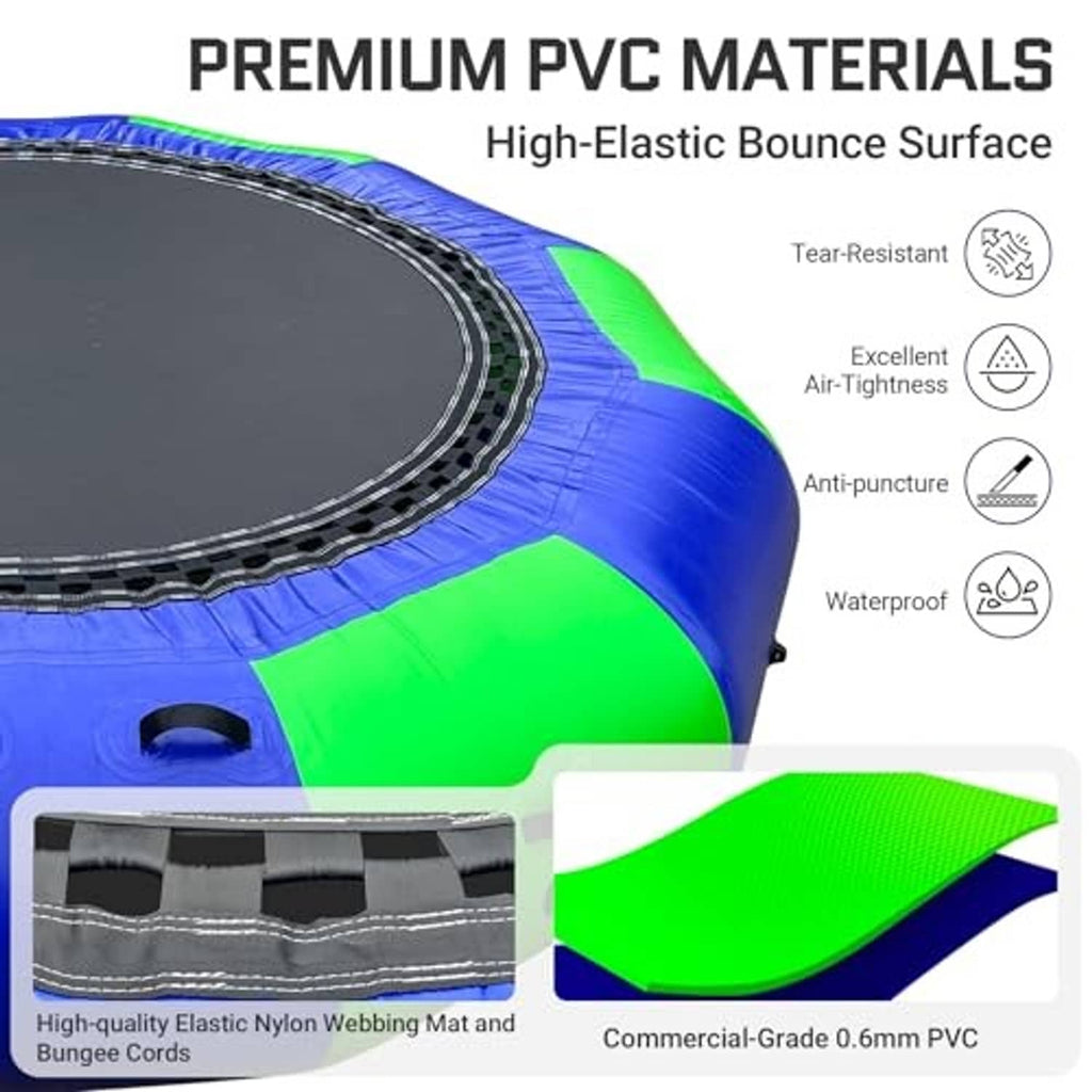 Blue and green inflatable water trampoline with high-elastic bounce surface details