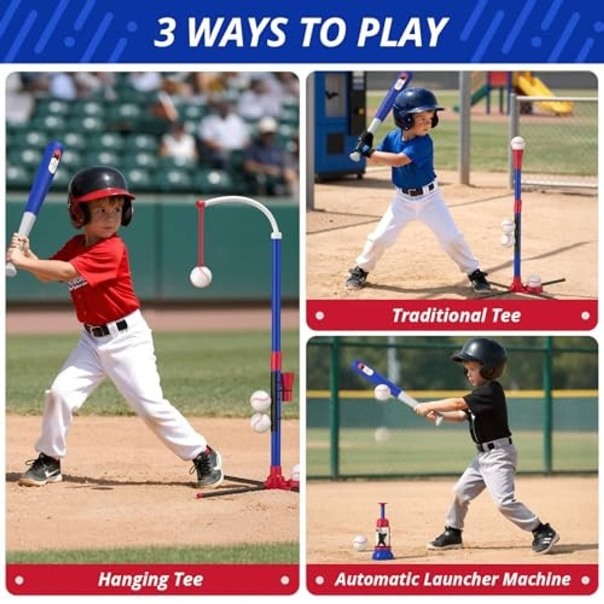 Kids 3-way baseball tee set with traditional, hanging, and launcher play