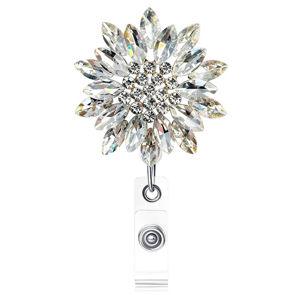 Sparkling crystal flower badge reel on silver clip with retractable cord