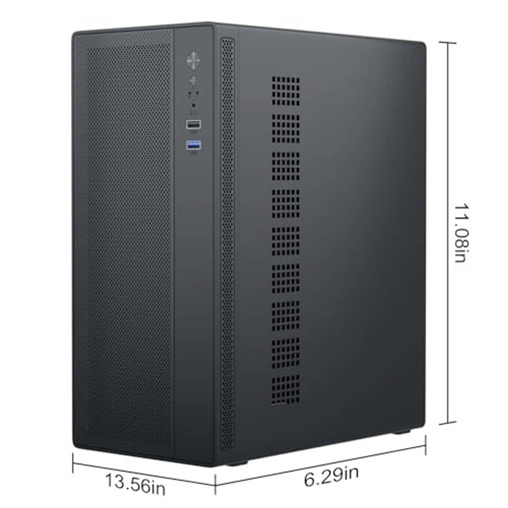 Black micro ATX desktop computer case with mesh front and rear I/O ports