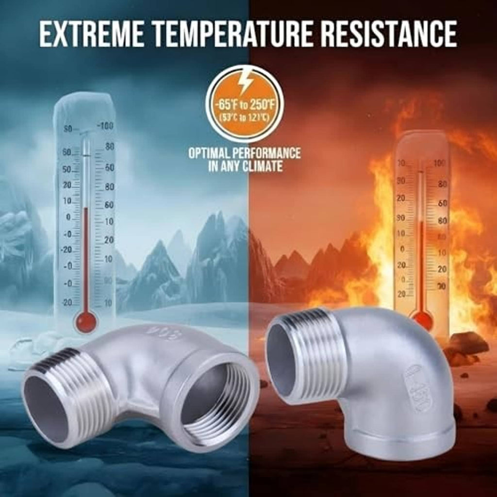 Stainless steel 90° elbow pipe fittings, 1 in male-to-female NPT, shown side by side.