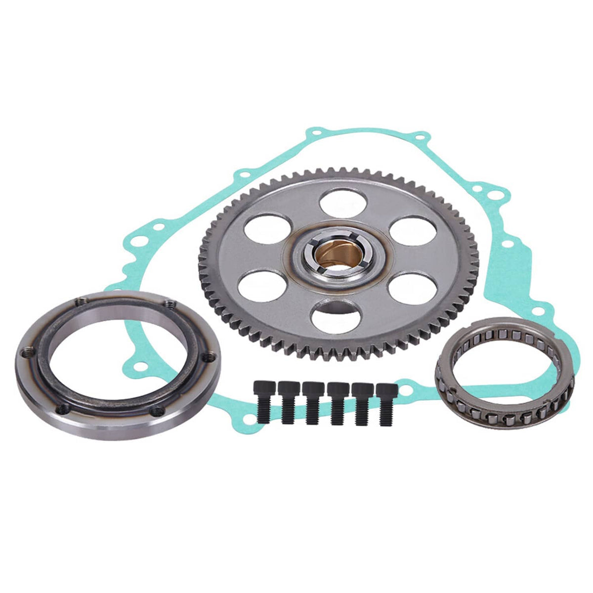 Starter clutch kit with main gear, gasket, one-way bearing, and bolt set