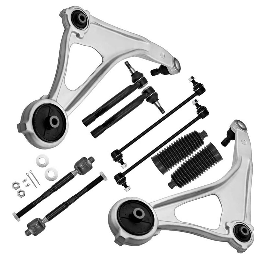 Complete front suspension kit with control arms, tie rods, boots, and bolts, mixed hardware