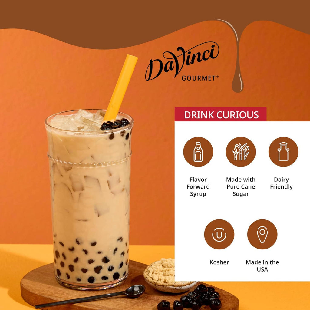 DaVinci Gourmet brown sugar syrup bottle with iced drink and tapioca pearls
