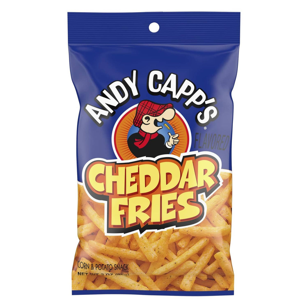 Andy Capp's Cheddar Fries snack bag, blue package with cheddar fries artwork