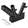 Black double flag pole hitch mount with two upright sockets and included hardware