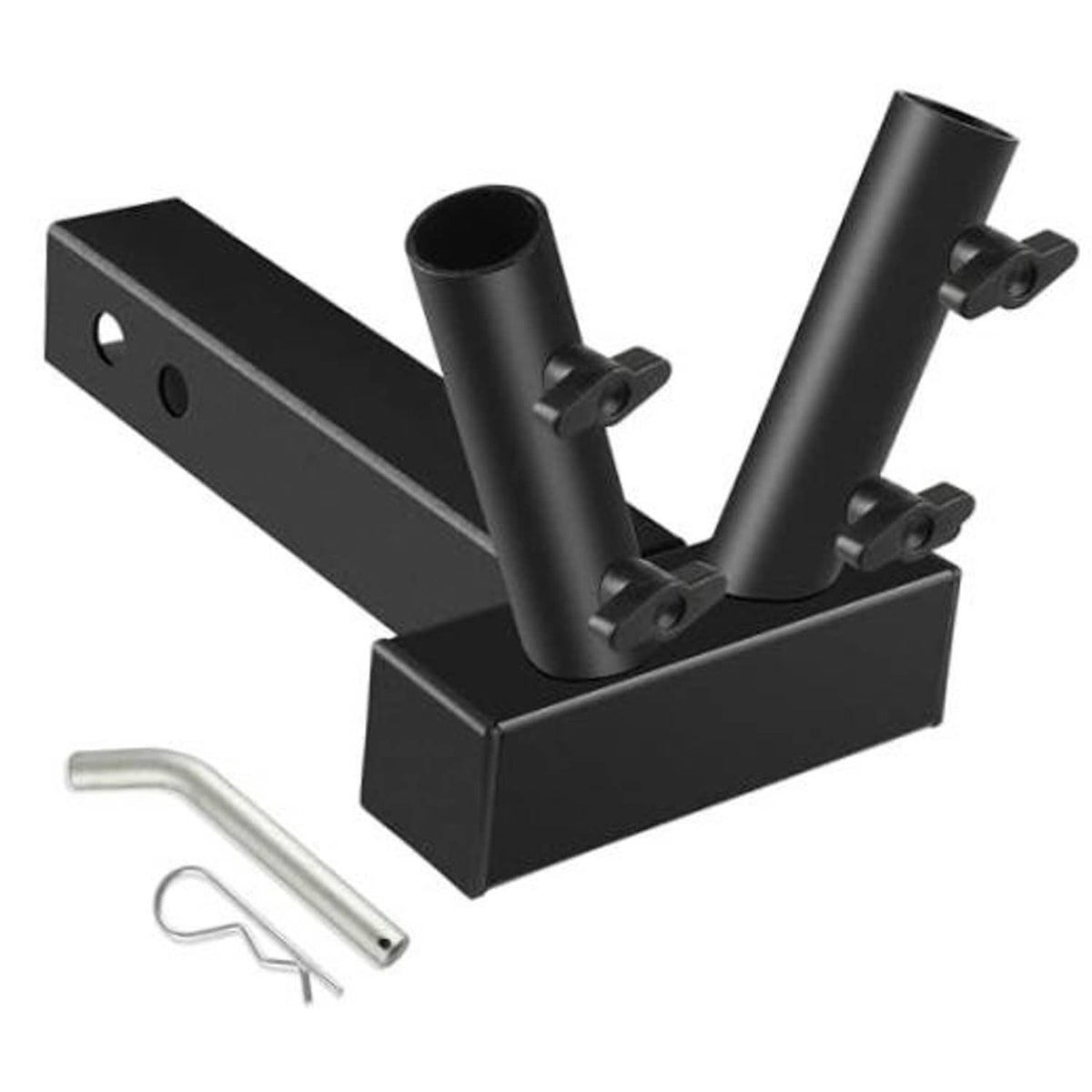 Black double flag pole hitch mount with two upright sockets and included hardware
