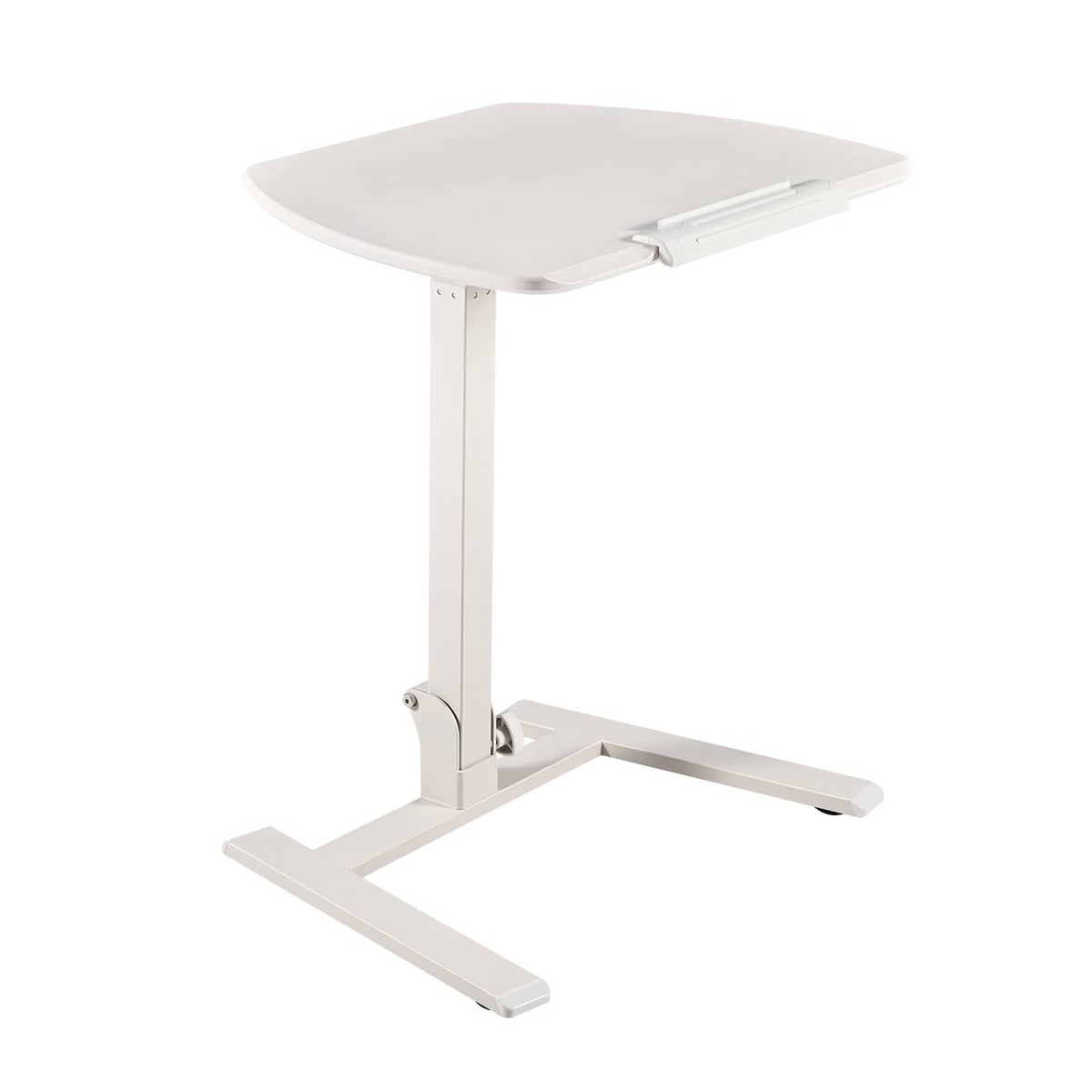 Side view adjustable standing desk with light rounded tabletop and white metal base