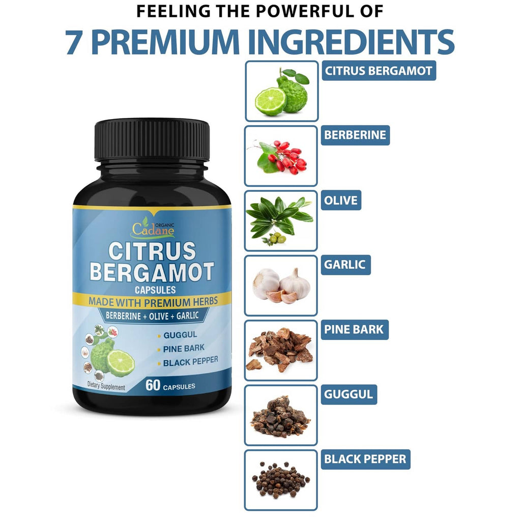 Citrus bergamot capsule bottle with ingredient list icons for berberine, olive, garlic, guggul