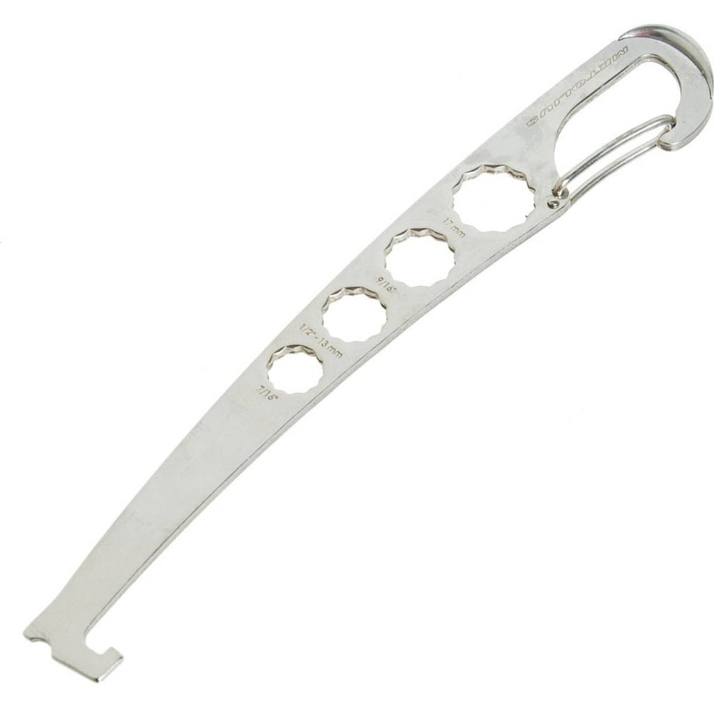 Metal multitool with carabiner hook and wrench-style opening for tightening bolts