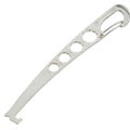 Metal multitool with carabiner hook and wrench-style opening for tightening bolts