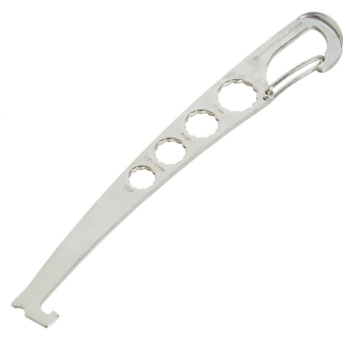 Metal multitool with carabiner hook and wrench-style opening for tightening bolts