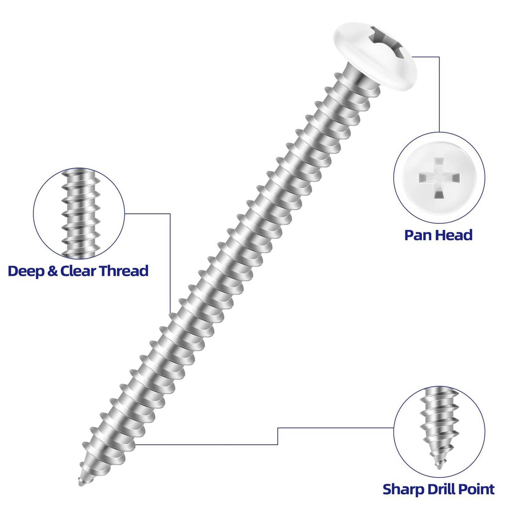 Pan head self tapping screw with sharp drill point, silver deep threads, and white cross recess.