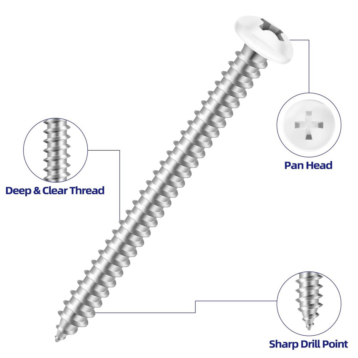 Pan head self tapping screw with sharp drill point, silver deep threads, and white cross recess.