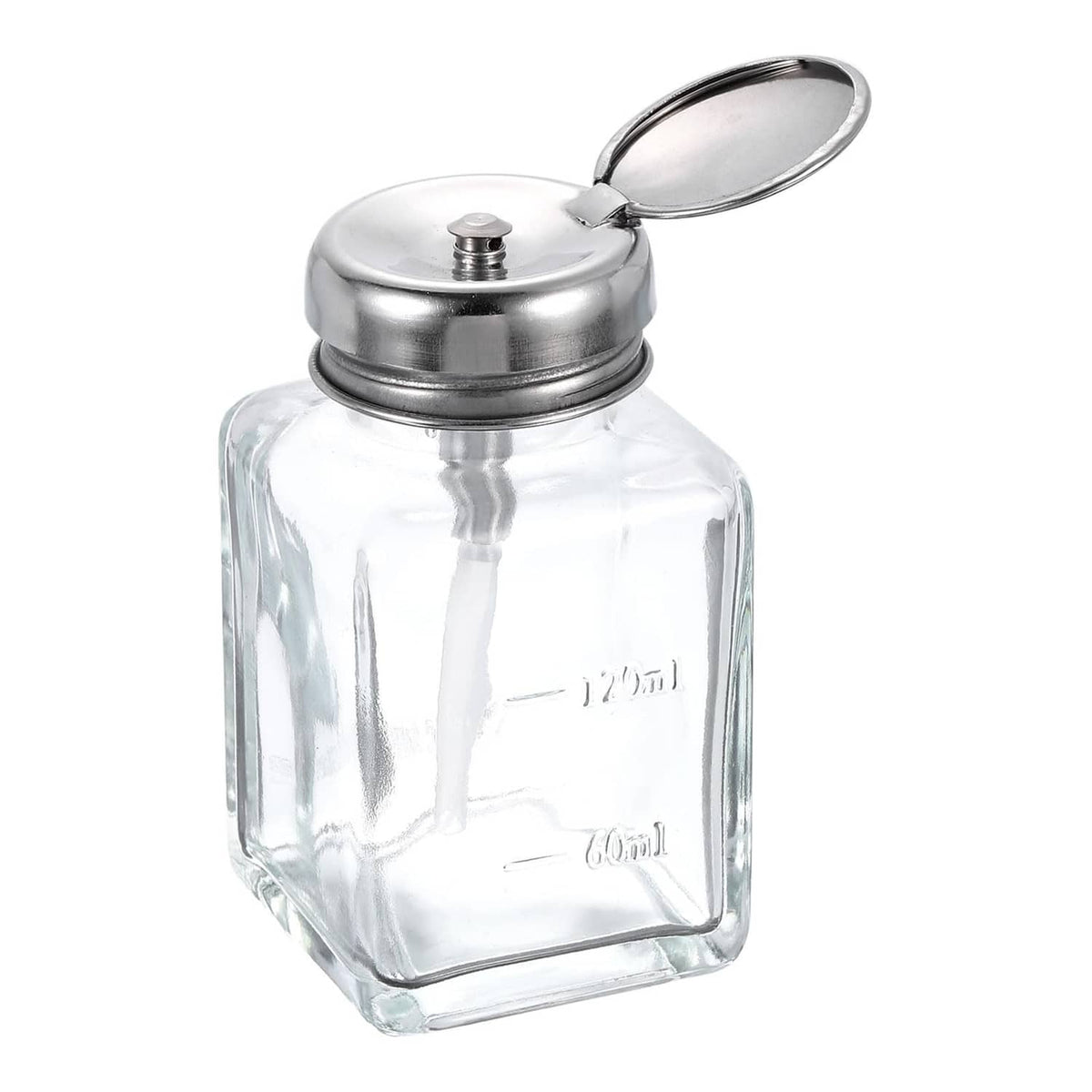 Clear glass solvent alcohol dispenser bottle with metal push-down cap, 120ml