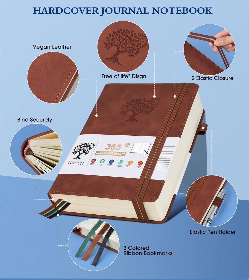 Brown leather A5 hardback journal with elastic closure and pen holder detail