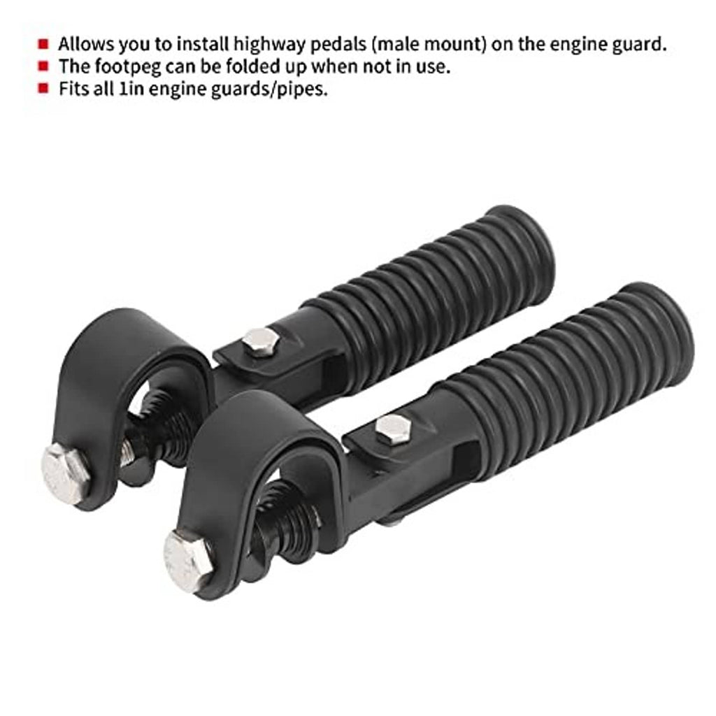 Black foldable motorcycle foot pegs, ribbed coil pads with mounting bolts on base