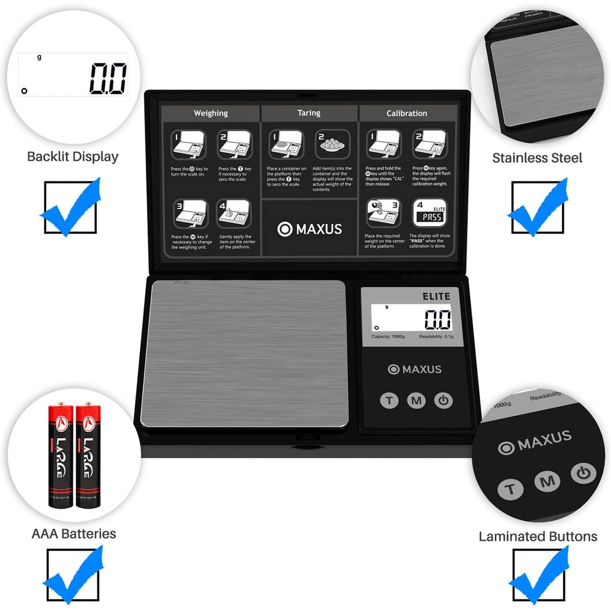 Matte black digital gram scale with backlit display, gray platform, and labeled controls