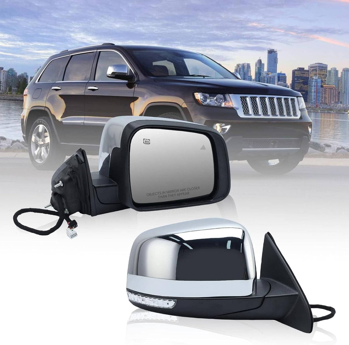 Manual fold side mirror with blind spot glass, black housing, and chrome trim