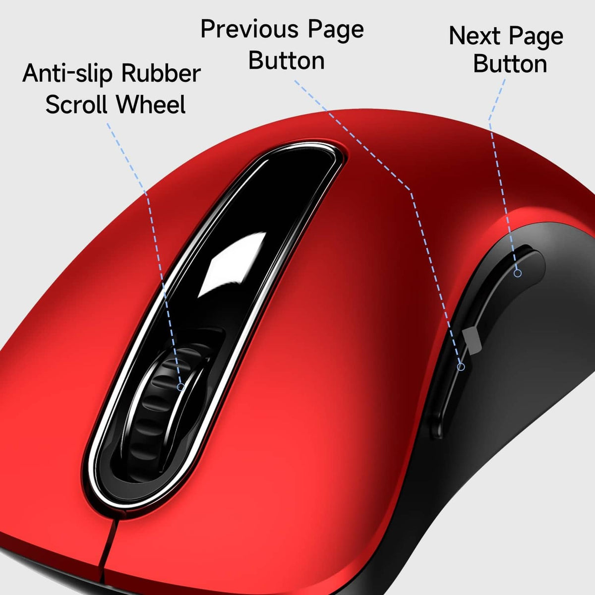 Red wired optical mouse close-up of top scroll wheel and side buttons
