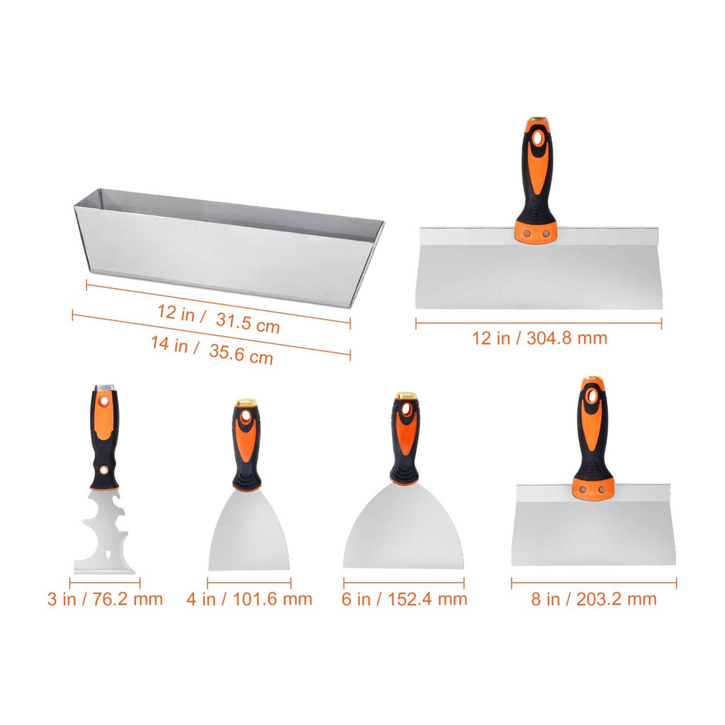 Drywall knives set with orange-black handles and mud pan, size measurements shown