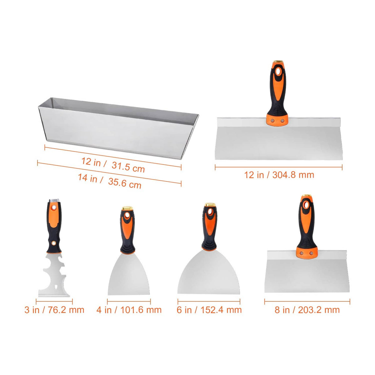 Drywall knives set with orange-black handles and mud pan, size measurements shown