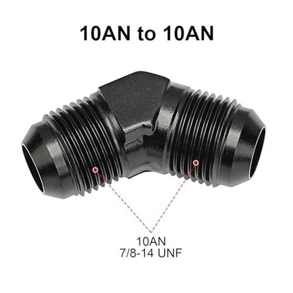Black 45-degree AN elbow union coupler with dual male flare threads and outlets
