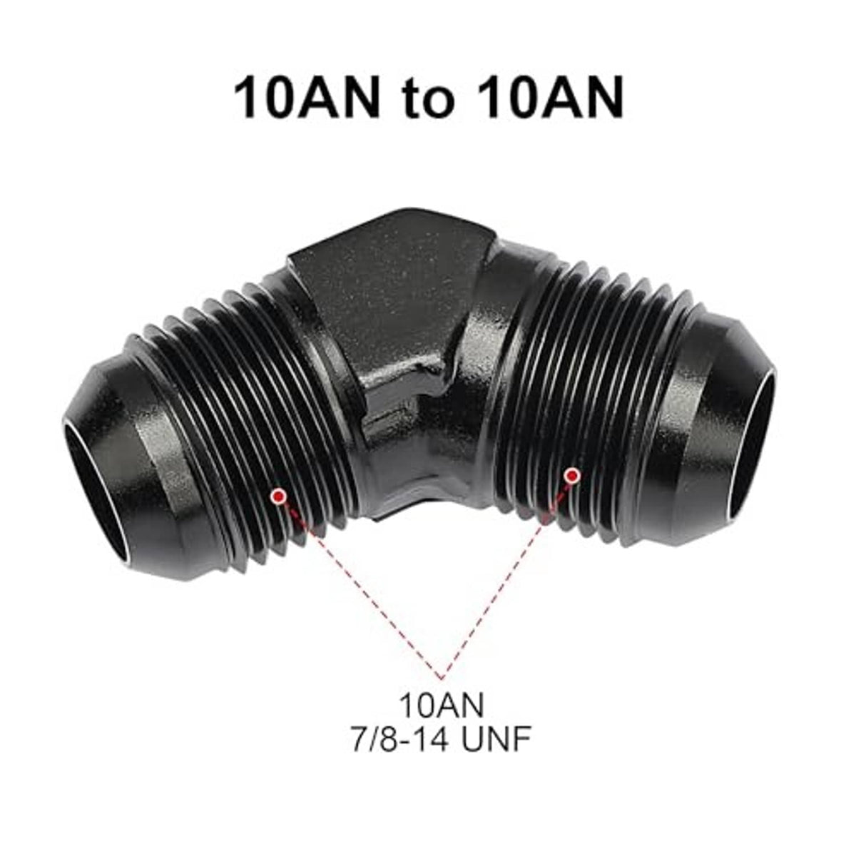 Black 45-degree AN elbow union coupler with dual male flare threads and outlets