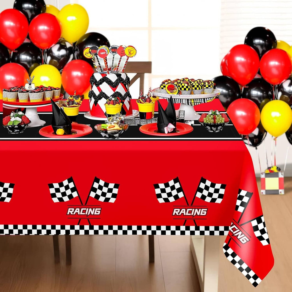 Racing party tablecloth with red top and repeating checkered flag Racing logos