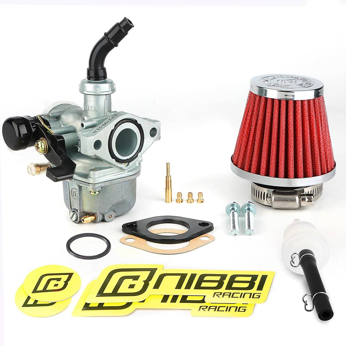 NIBBI PZ19 19mm carburetor kit with red cone air filter and mounting parts