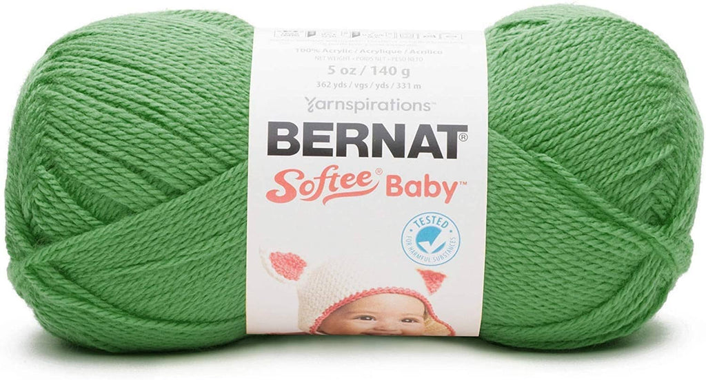 Grass green Bernat Softee Baby yarn skein with label, DK weight acrylic