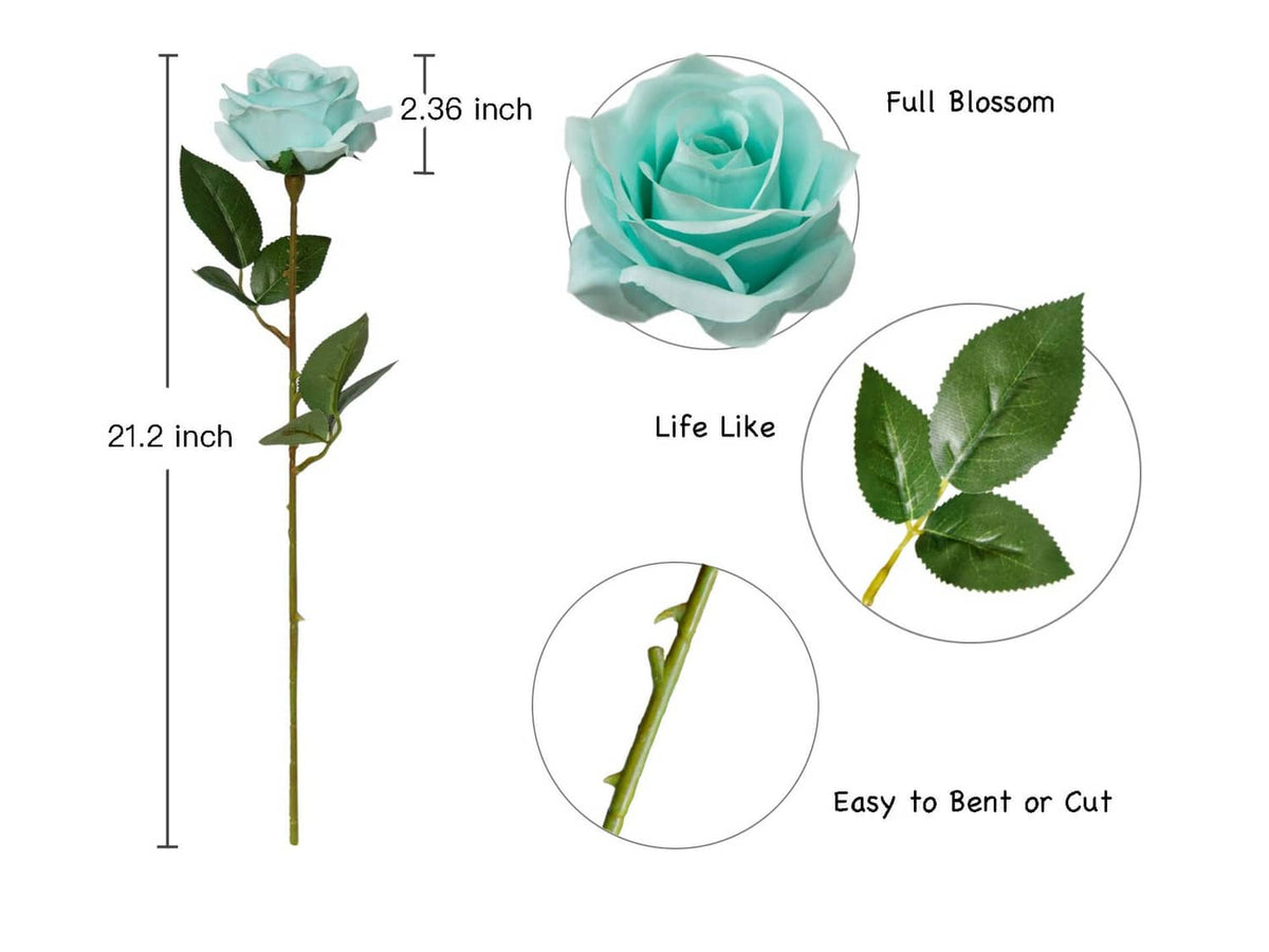 Teal blue faux silk rose stem with full blossom and green leaves