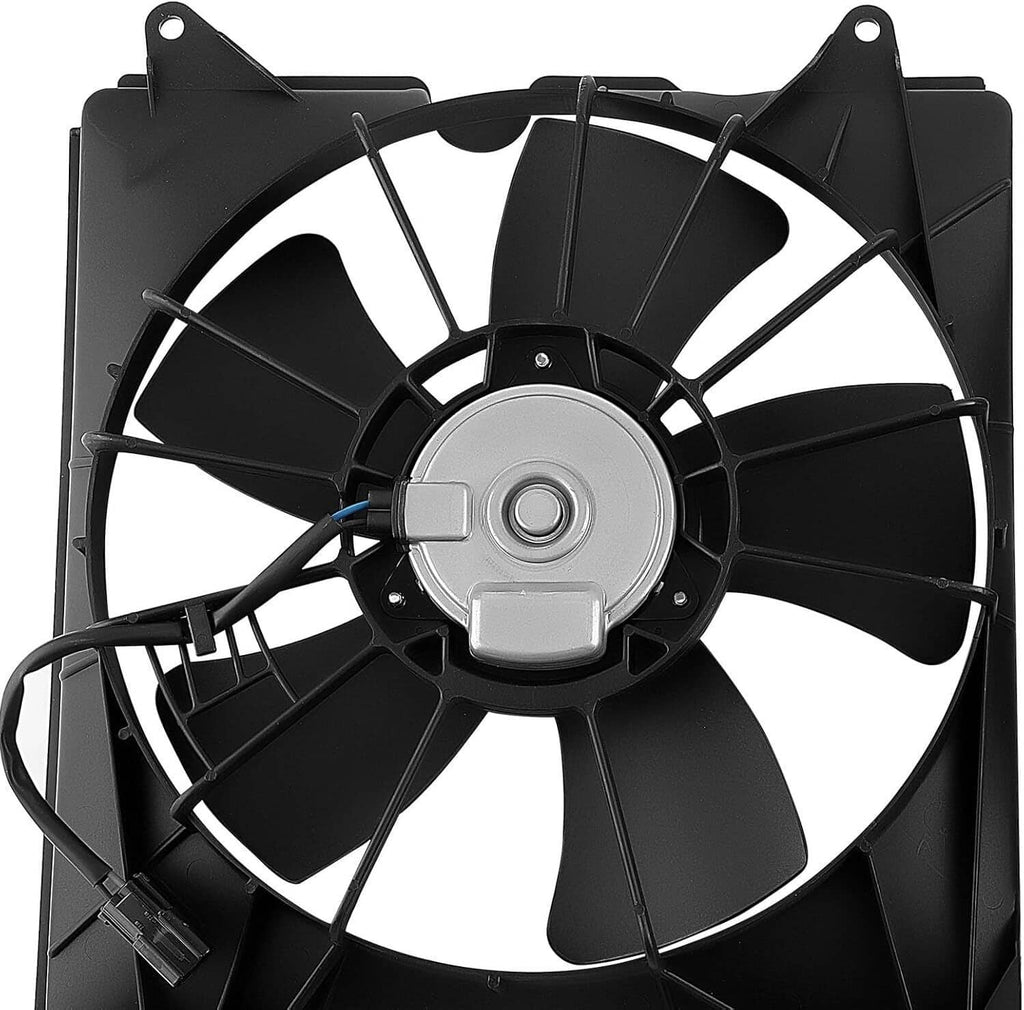 Close-up radiator cooling fan with black blades and silver motor hub on black shroud