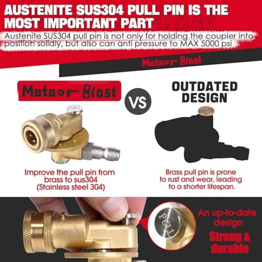 Brass pull-pin coupler with textured grip and silver quick-connect hose end