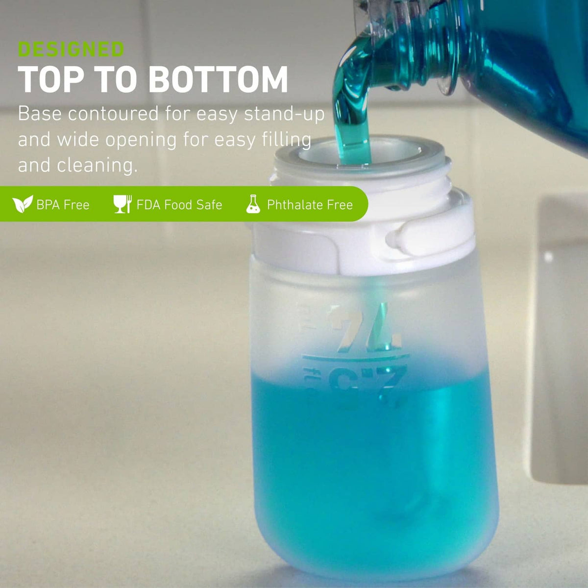 Refillable silicone travel bottle being filled from a spout, white bottle with open collar