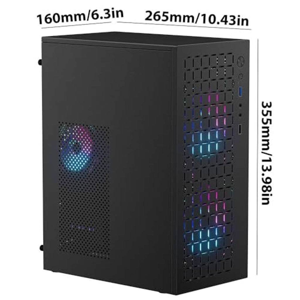 Black computer case with vented front and side window, showing RGB-style light glow
