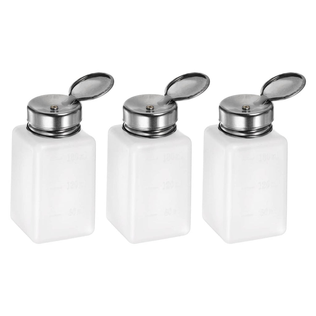Set of 3 white alcohol solvent dispensers with silver push-down caps, 180ml bottles.